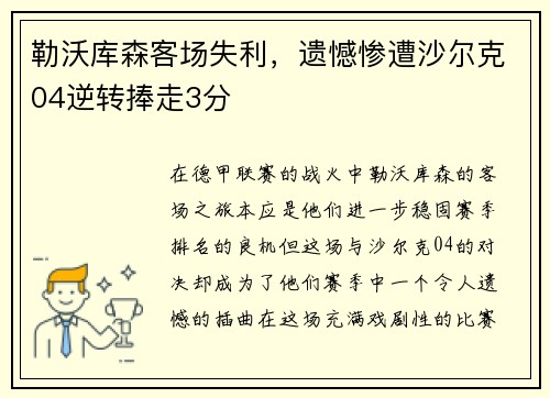 勒沃库森客场失利，遗憾惨遭沙尔克04逆转捧走3分