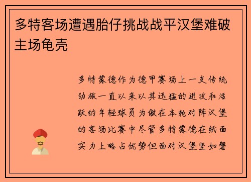 多特客场遭遇胎仔挑战战平汉堡难破主场龟壳